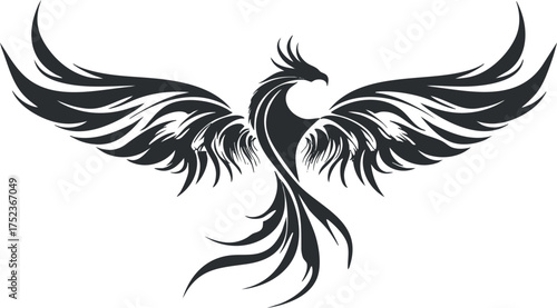 Black silhouette of a phoenix bird with outstretched wings, symbolizing rebirth and transformation.