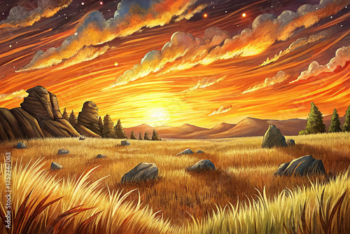 sunset prairie golden grass scattered trees, distant hills, fiery sky, open nature, landscape art, motivational poster