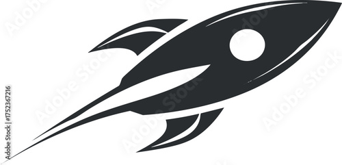 Black and white rocket icon symbolizing speed, innovation, and space exploration in a minimalist design.