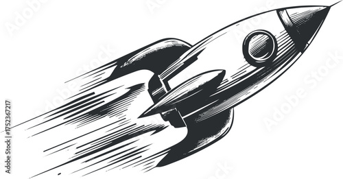 Black and white sketch of a rocket launching into space, illustrating speed and exploration.