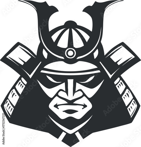 Black and white illustration of a samurai warrior helmet with a fierce expression.