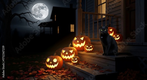 halloween pumpkin on dark background,black kitty,moon night,ai genarated,jpg