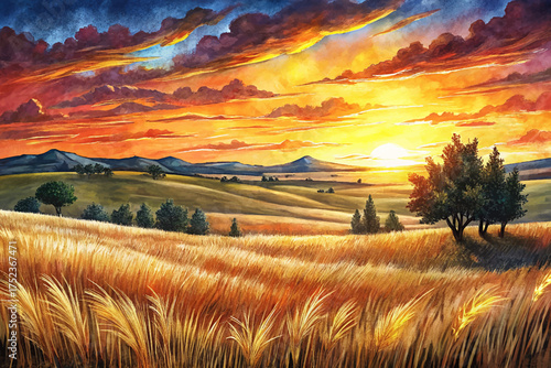 sunset prairie golden grass scattered trees, distant hills, fiery sky, open nature, landscape art, motivational poster