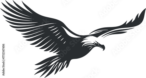 Silhouette of an eagle in flight with outstretched wings, symbolizing freedom and power.