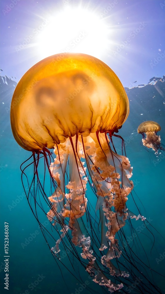 Fototapeta premium Golden jellyfish under sunlit water