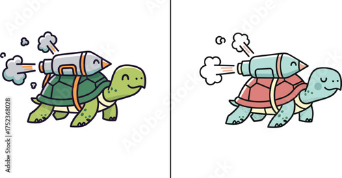 Cute turtles with rocket backpacks, funny cartoon animal illustration, adorable speed concept, comic style, creative fast turtle design