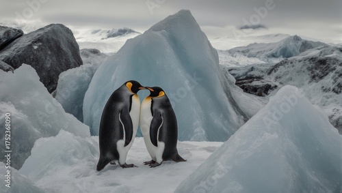 Two emperor penguins touch beaks amidst icebergs, glacier backdrop, cloudy sky, cold winter scene