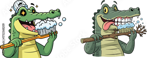 Funny crocodile brushing teeth cartoon illustration, cute alligator with toothbrush and stick, animal dental hygiene vector art
