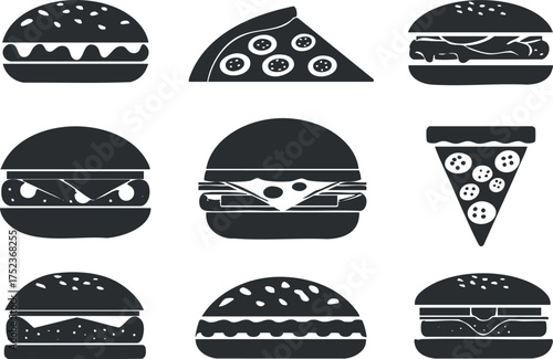 Black and white silhouette icons of burgers and pizza slices in various styles.
