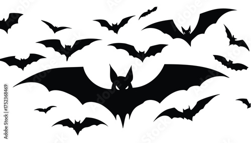 Silhouette of bats flying in a swarm formation