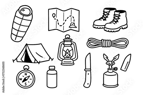 Backpacking Doodle Icons. Backpacking doodle icon set: hand drawn icons of sleeping bag, map, boots, tent, lantern, rope, compass,