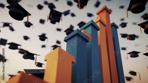 Graduation Caps Rising Above Colorful Upward-Trending Bar Chart