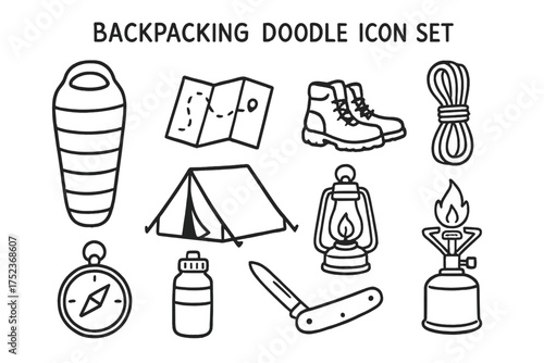 Backpacking Doodle Icons. Backpacking doodle icon set: hand drawn icons of sleeping bag, map, boots, tent, lantern, rope, compass,