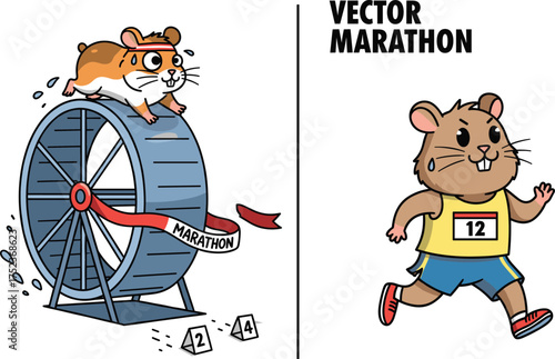 Funny marathon hamsters running, cartoon hamster athlete on wheel and jogging race vector illustration for fitness and sport design