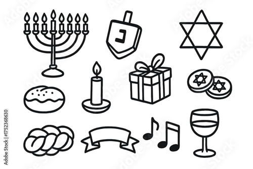 Hanukkah Icon Set. Hanukkah doodle icon set: hand drawn icons of menorah, dreidel, star, candle, gift, coins, bread, ribbon, music