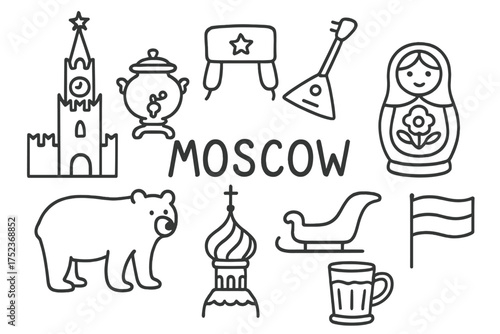 Moscow Icon Doodle Set. Moscow doodle icon set: hand drawn icons of Kremlin, samovar, balalaika, fur hat, matryoshka, bear, onion