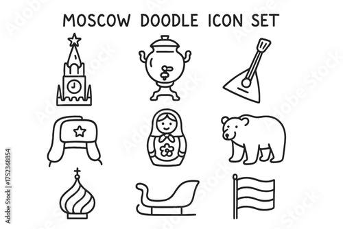Moscow Icon Doodle Set. Moscow doodle icon set: hand drawn icons of Kremlin, samovar, balalaika, fur hat, matryoshka, bear, onion
