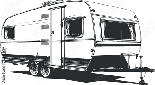 Black and white illustration of a caravan trailer, ideal for travel and camping themes.