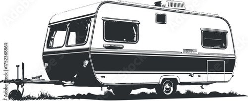 Monochrome illustration of a vintage caravan trailer, ideal for camping and outdoor adventures.