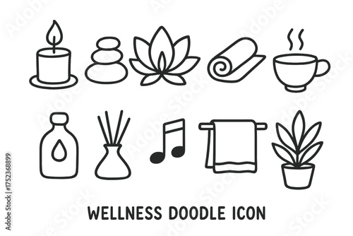Wellness Doodle Icons. Wellness doodle icon set: hand drawn icons of candle, spa stones, lotus, yoga mat, tea cup, massage oil,