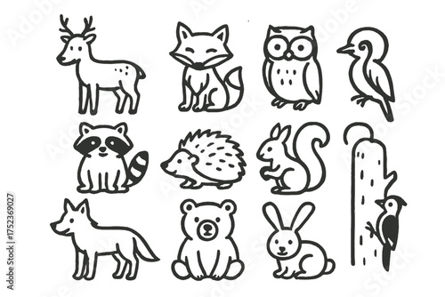 Forest Animals Doodles. Forest animals doodle icon set: hand drawn icons of deer, fox, owl, raccoon, hedgehog, squirrel, wolf,