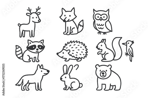Forest Animals Doodles. Forest animals doodle icon set: hand drawn icons of deer, fox, owl, raccoon, hedgehog, squirrel, wolf,