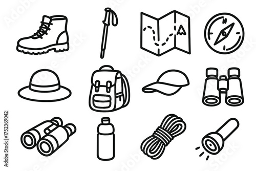 Hiking Gear Icons. Hiking doodle icon set: hand drawn icons of boots, walking stick, map, hat, backpack, compass, binoculars,