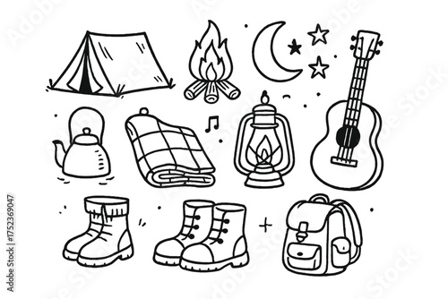 Night Camping Icons. Night camping doodle icon set: hand drawn icons of tent, bonfire, moon, stars, lantern, guitar, kettle,