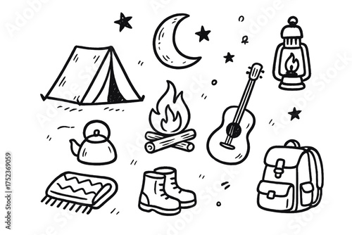 Night Camping Icons. Night camping doodle icon set: hand drawn icons of tent, bonfire, moon, stars, lantern, guitar, kettle,