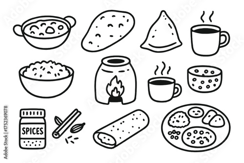 Indian Food Icons. Indian food doodle icon set: hand drawn icons of curry, naan bread, samosa, rice, tandoor oven, chai tea,