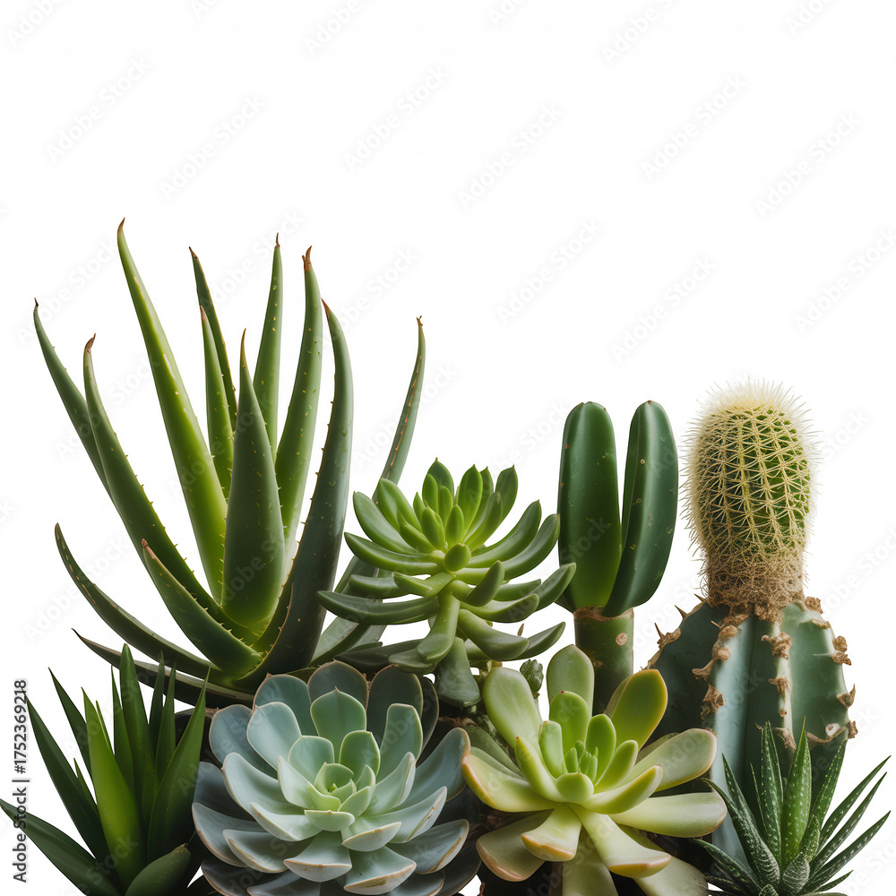 Obraz premium Collection of assorted green succulents and cacti against Transparent Background black background