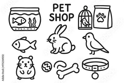 Pet Shop Doodle Icons. Pet shop doodle icon set: hand drawn icons of aquarium, cage, food bag, fish, bird, rabbit, hamster, toy,