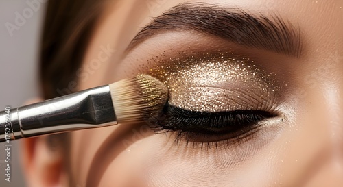 Makeup Brush Applying Shiny Eyeshadow on Woman Eyelid Close-Up