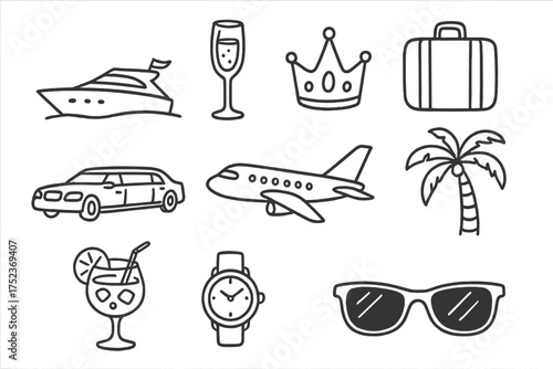 Luxury Travel Icons. Luxury travel doodle icon set: hand drawn icons of yacht, champagne glass, crown, suitcase, limousine,