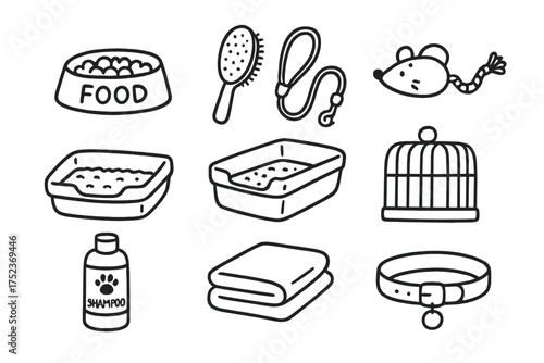 Pet Care Icons. Pet care doodle icon set: hand drawn icons of food bowl, brush, leash, toy, litter box, cage, shampoo, towel, bed,