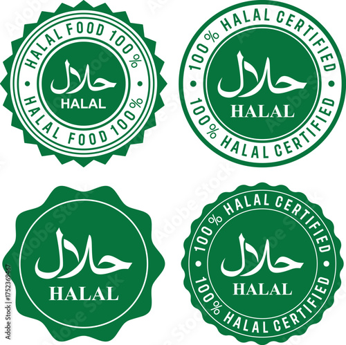set of green halal certified badges and 100 percent halal food labels for islamic product packaging design