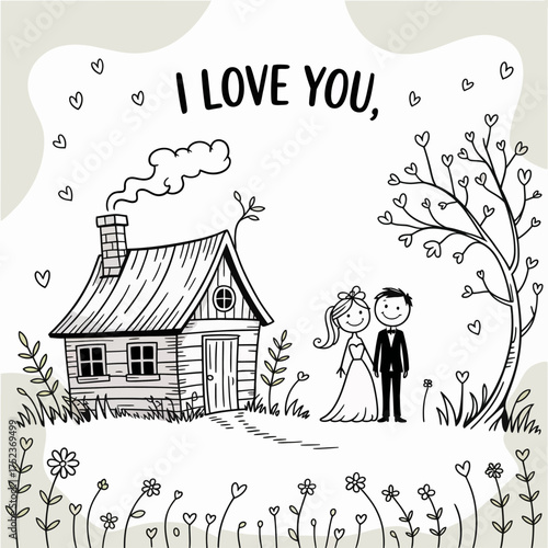 A Romantic Doodle: A sweet, whimsical drawing of a couple, hand-in-hand, standing before a cozy house amidst a shower of hearts, illustrating the essence of love and togetherness.