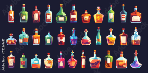 Alcohol bottles vector set. Colorful cartoon drink collection with beer, wine, whiskey, rum, vodka, gin, and tequila bottles for bar, pub, menu or craft beverage design