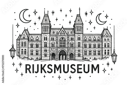 Rijksmuseum Under The Moons. Hand-drawn rijksmuseum amsterdam with moons, lanterns, and sparkles, center word “Rijksmuseum” in
