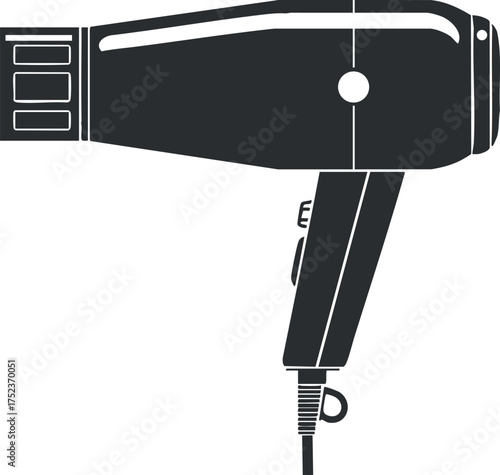 Black and white silhouette of a hairdryer for styling and grooming purposes.