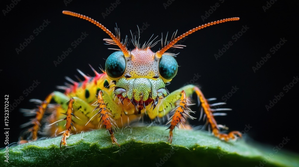 Fototapeta premium Close-up of a colorful insect, specifically a praying mantis, on a green leaf. the insect has a round head with two large, round eyes that are blue and green in color.