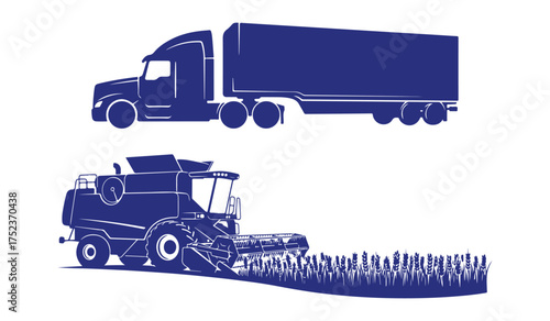 Blue Silhouettes of a Semi- Truck and a Combine Harvester in a Wheat Field on White Background