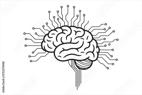 Digital brain circuits and neural network art silhouette a white background