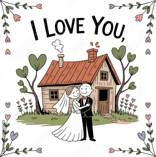 Romantic Home: A charming illustration portrays a newly married couple embracing tenderly in front of their cozy home, amidst a backdrop of floral decorations.