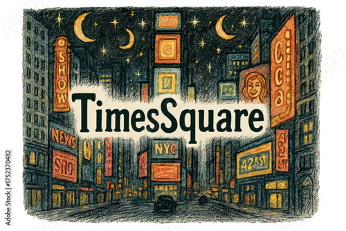 Neon Times Square. Hand-drawn times square new york with moons, neon, and sparkles, center word “TimesSquare” in black and white