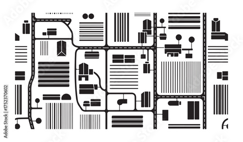 Stylized Aerial View of a City Layout with Buildings Roads and Green Spaces Keywords: aerial view, city layout, urban planning