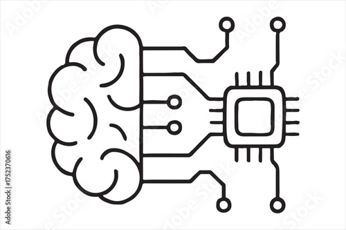 Artificial intelligence brain chip connection icon silhouette a white background