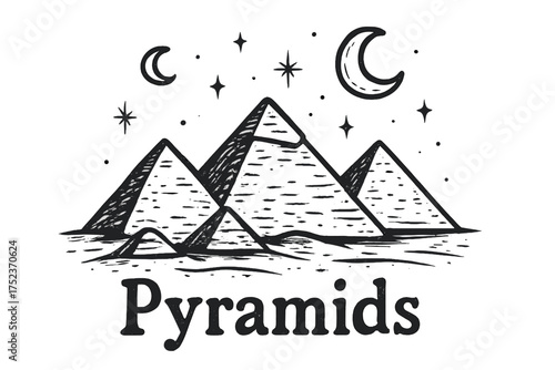 Sparkling Giza Pyramids. Hand-drawn pyramids giza with moons, sand, and sparkles, center word “Pyramids” in black and white