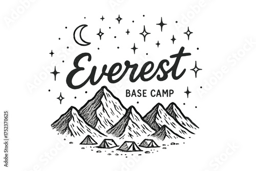 Everest Serenity. Hand-drawn everest base camp with moons, peaks, and sparkles, center word “Everest” in black and white isolated