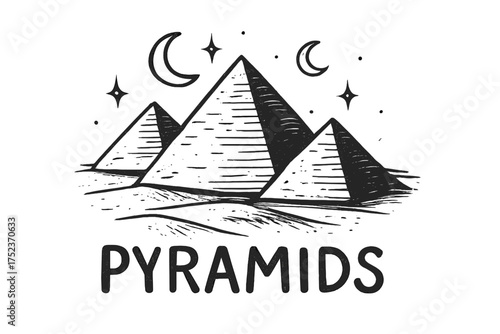 Sparkling Giza Pyramids. Hand-drawn pyramids giza with moons, sand, and sparkles, center word “Pyramids” in black and white